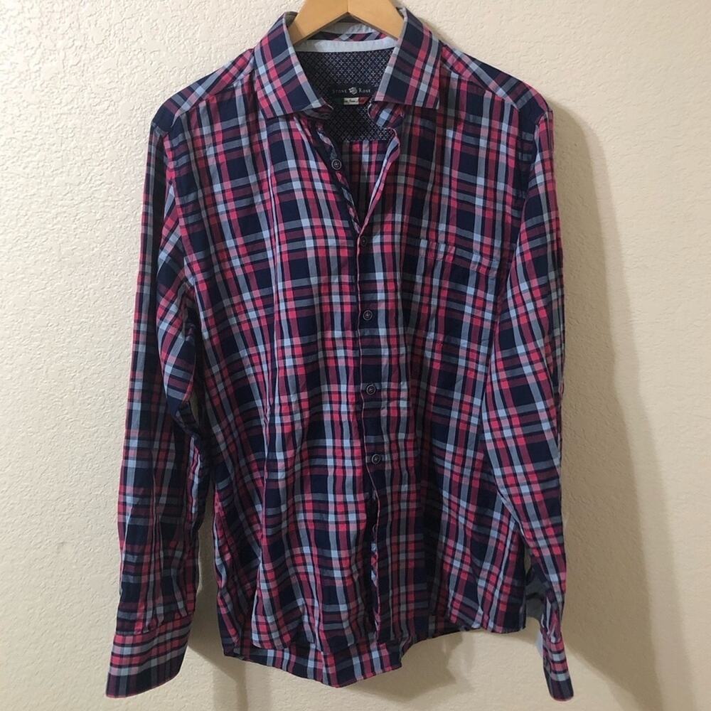Stone Rose Mens Plaid Button Down Cotton Shirt Blue & Pink - Size 5 or XL